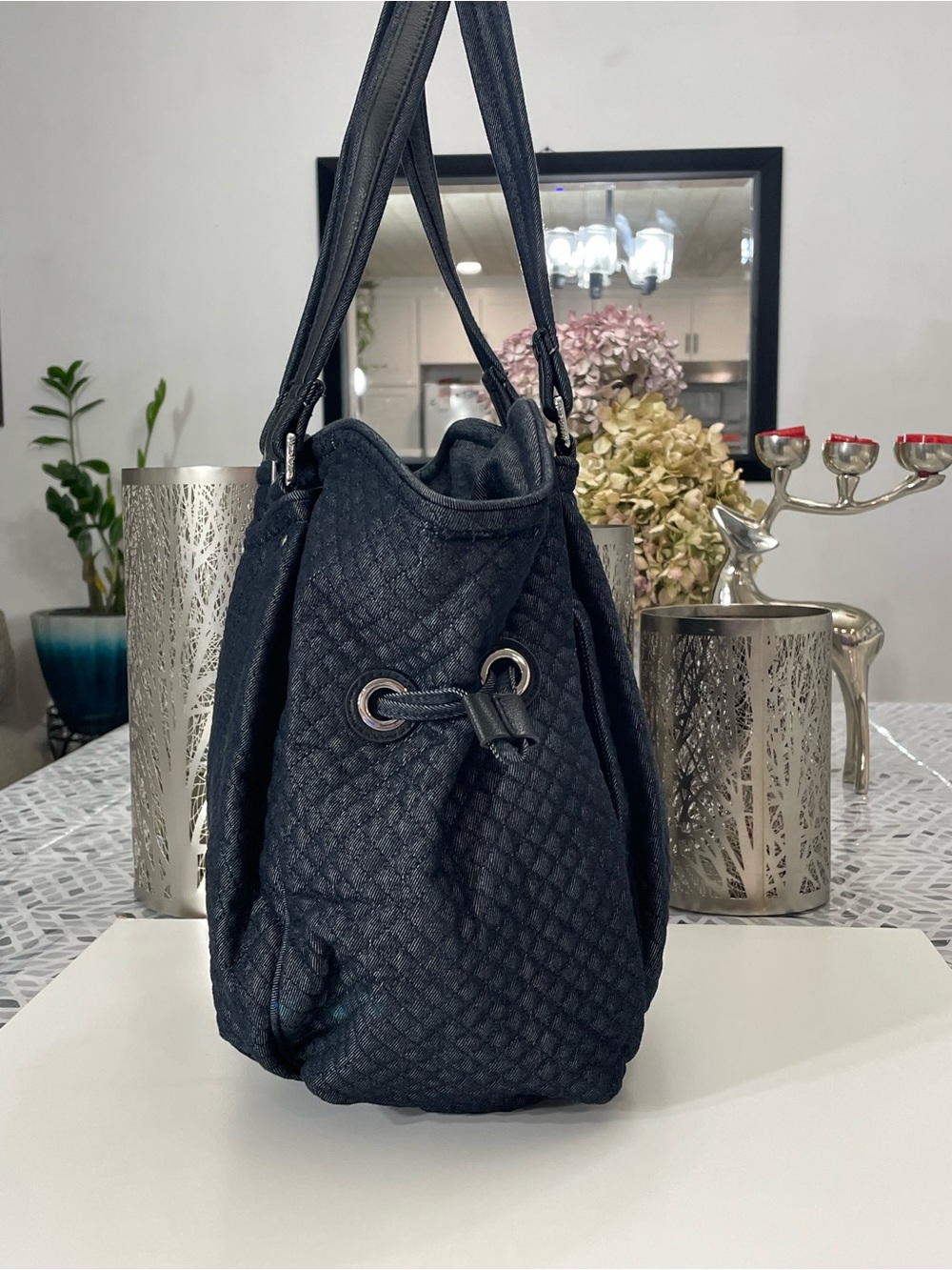 Vera Bradley Charcoal Gray Quilted Tote Shoulder Bag Large Travel Work Handbag